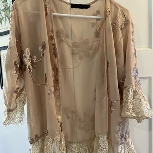 Sheer Lace-Trim Floral Kimono